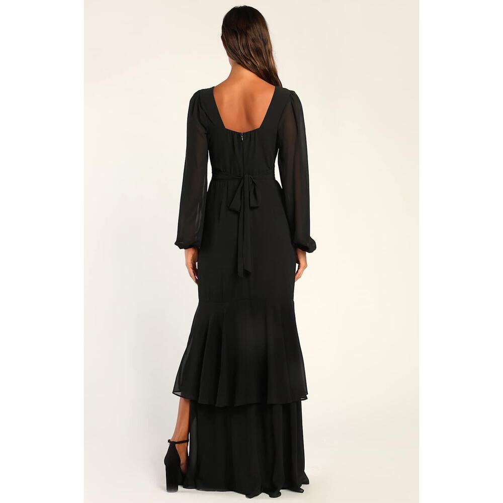 Lulus Tier Elegance Black Long Sleeve Tiered Maxi Dress Chiffon Formal M NWT - Picture 3 of 12